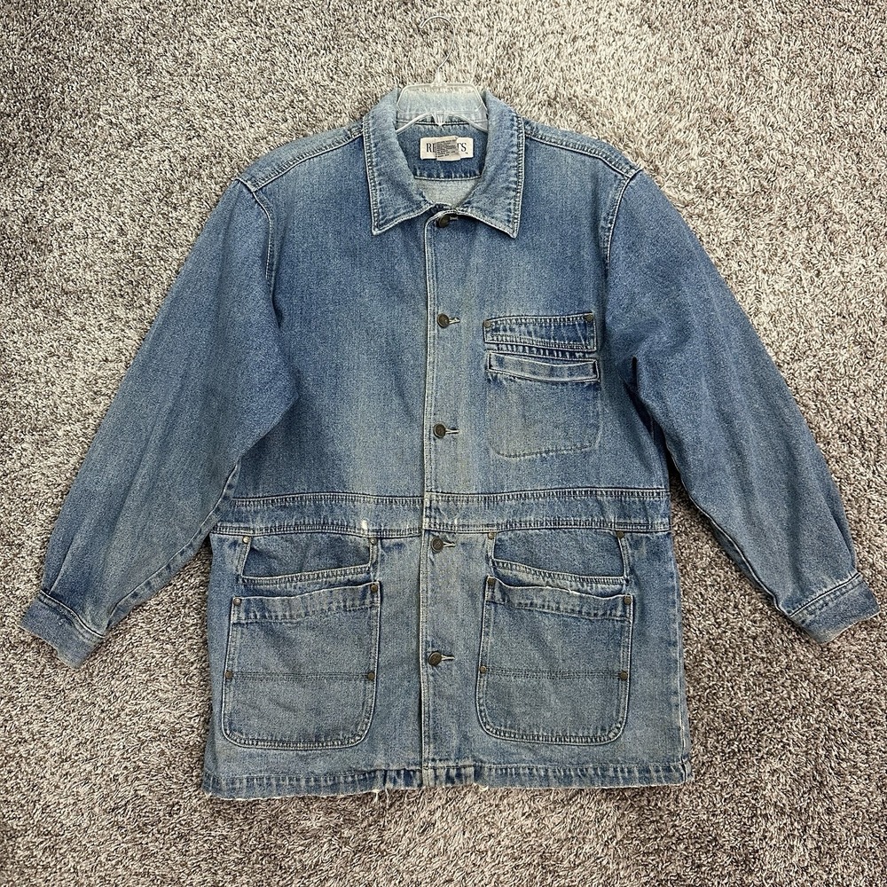 Vintage 90s Chore Barn Coat Men L Faded Distressed Denim Engineer Workwear